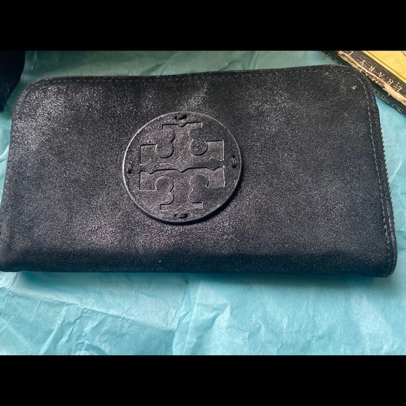 TORY BURCH BLK SHEEN GORG SUEDE MONOCHROME Wallet - Picture 5 of 14